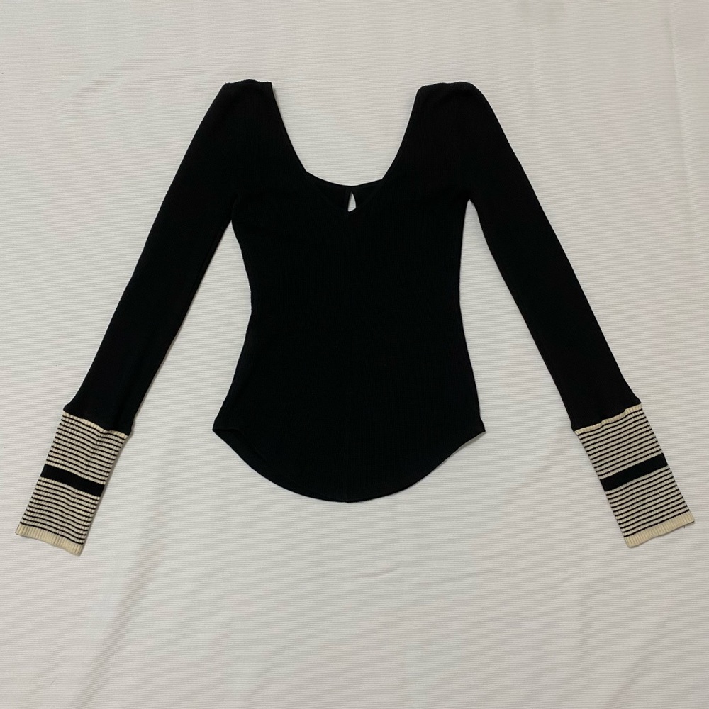 Free People Black Long Sleeve Top with Striped Wrist Details - Picture 4 of 10